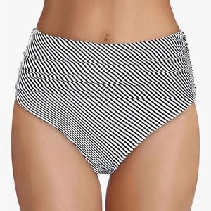 Beach Sissi Women's Black White Stripe High Waisted Bikini Bottom, Medium